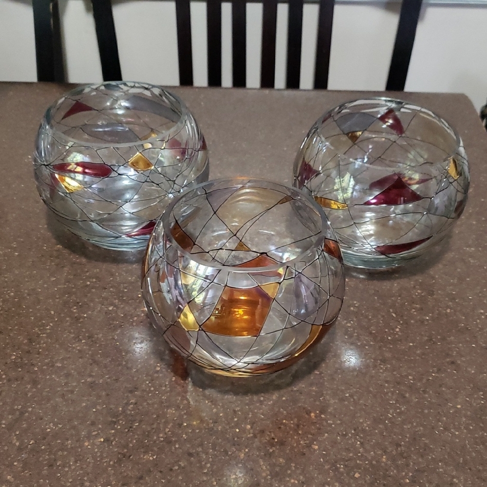 3 X Retired Partylite Mosaic Calypso 5" Sphere Glass Tealight Candle Holder